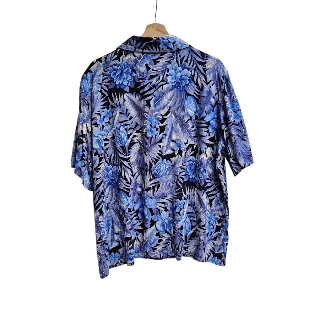 Vintage Blue and White Tropical Leaf Floral Button Up Blouse Semisheer XL NOS - Picture 2 of 12